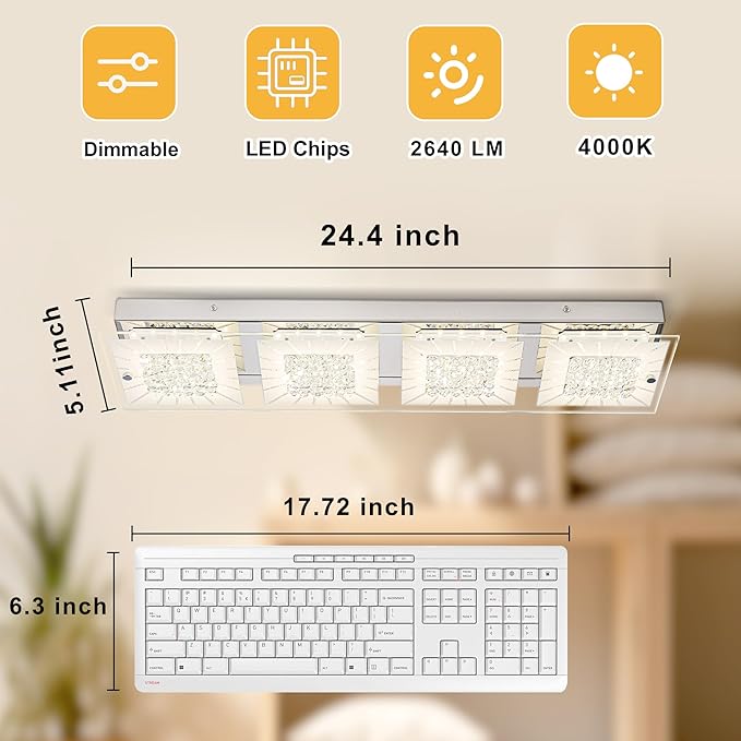 Flush Mount Ceiling Light Crystal Ceiling Light Fixture 24IN Long Rectangle - Image 3