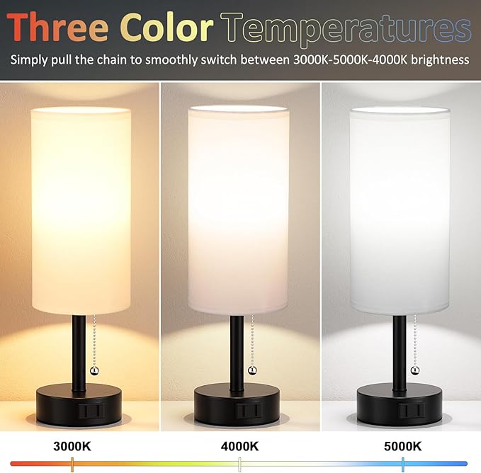 Fenmzee White Bedside Table Lamps Set of 2-3 Color Temperatures Pull Chain Lamp - Image 2