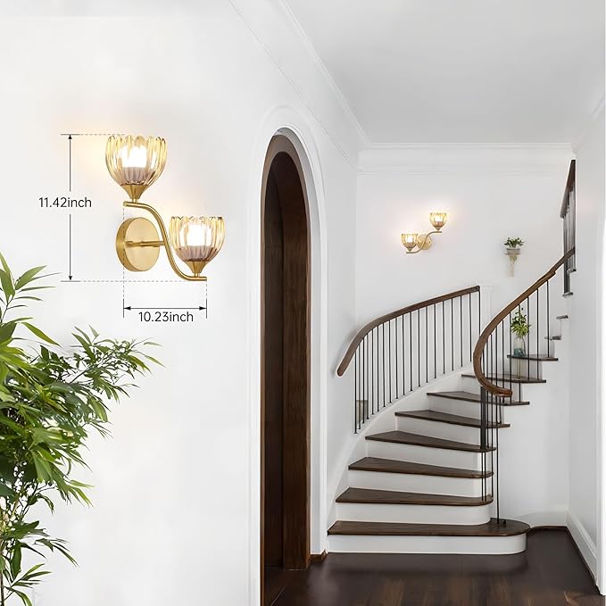 Battery Operated Wall Sconce, 2-Lights Vinatge Brass Wall Lighting - Image 6