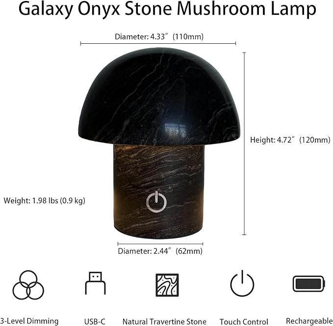 Hand-Polished Natural Marble Mushroom Lamp, Rechargeable LED Stone Night Light - Image 3