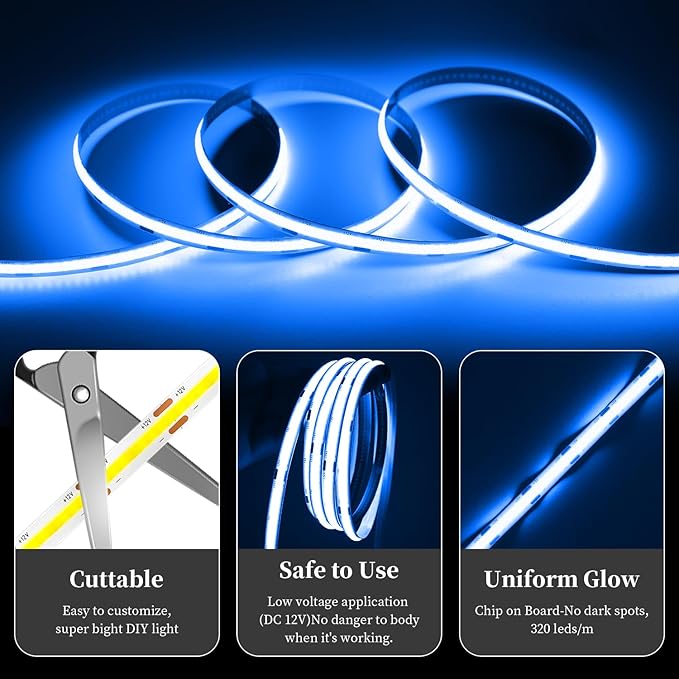 iNextStation 16.4FT 5M Bule COB LED Strip Light, DC12V CRI 93+ Bule Light Strip - Image 2