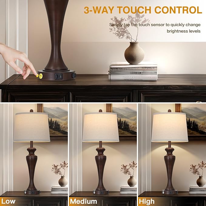30" Brown Touch Table Lamps Set of 2, 3-Way Bedside Lamp - Image 4