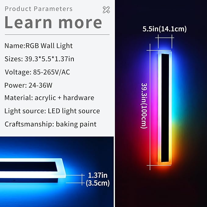 Widened 2 Pack Long RGB LED Wall Lights, 39.3inch Modern Dimmable Outdoor - Image 2