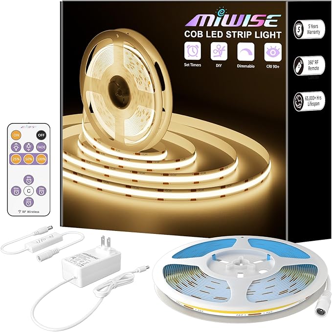 MIWISE COB LED Strip, 3000K Warm White 20ft/6.1m, Dimmable Super Bright 24V LED by MIWISE