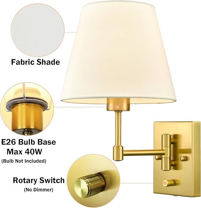 SAMTEEN Gold Plug-in Wall Sconces Set of Two Beige Shade Brass Swing Arm Wall - Image 3