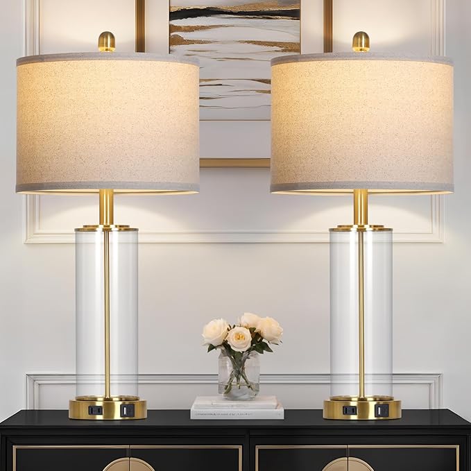 26" Gold Glass Table Lamps Set of 2, 3-Way Dimmable Touch Control Living Room - Image 3