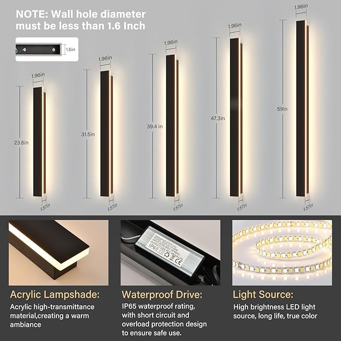 Modern Outdoor Wall Lights, 39.4Inch Black LED 3000K IP65 Waterproof Outdoor - Image 4