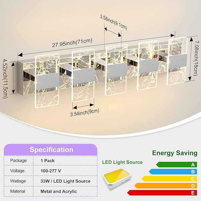 Modern LED Bathroom Light Fixtures Dimmable 5-Light Chrome Vanity Light - Image 5