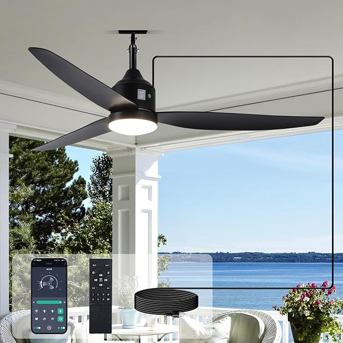 Outdoor Ceiling Fan with Light, 52 Inch Black Waterproof Plug in Ceiling Fan by Unknown