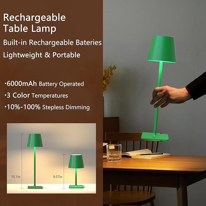 Green Cordless Table Lamp Set of 2-3 Color Stepless and Dimmable - Image 3