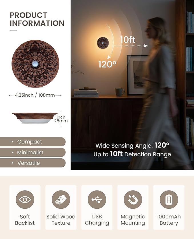 Motion Sensor Night Light Wood USB Rechargeable Stick-On Step Lights Magnetic - Image 2