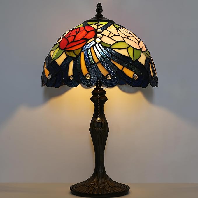 Tiffany Lamp Stained Glass Table Lamp 12” x 19” Rose Feather Style Decorative - Image 2