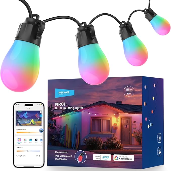 NEEWER 48ft Outdoor String Lights, App Control Smart AI RGBW Hanging Outside by Neewer