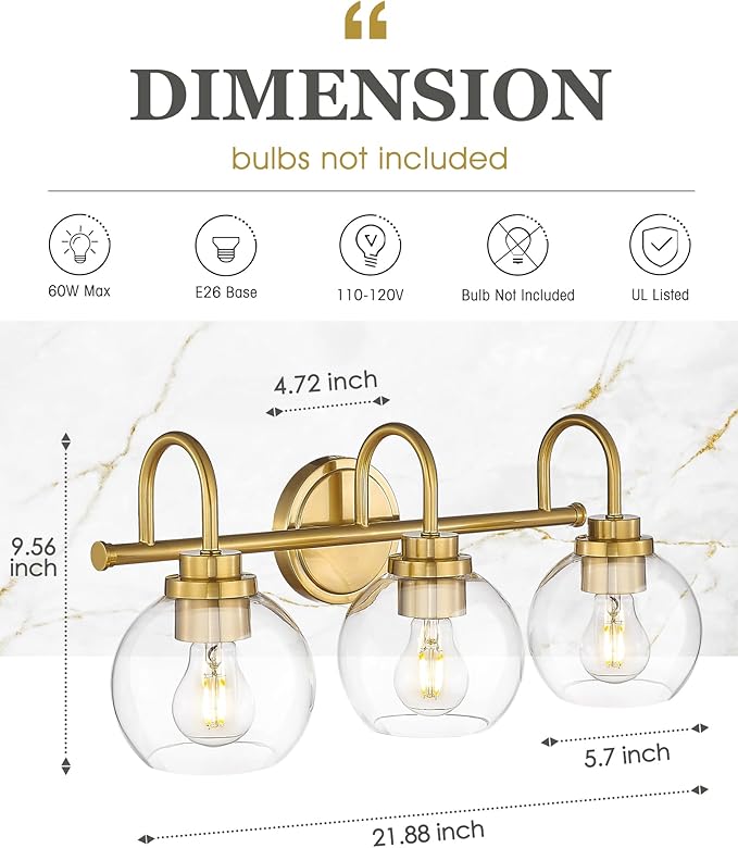 Bathroom Light Fixtures, 3-Light Brushed Gold Vanity Lights - Image 2