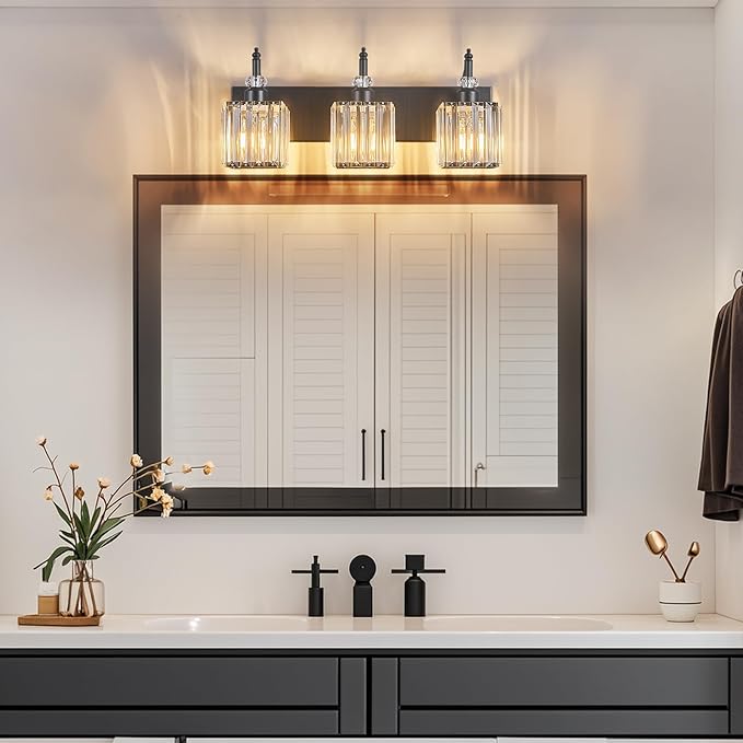 Modern Bathroom Vanity Light 3-Light Black Crystal Light Fixtures Over Mirror - Image 6