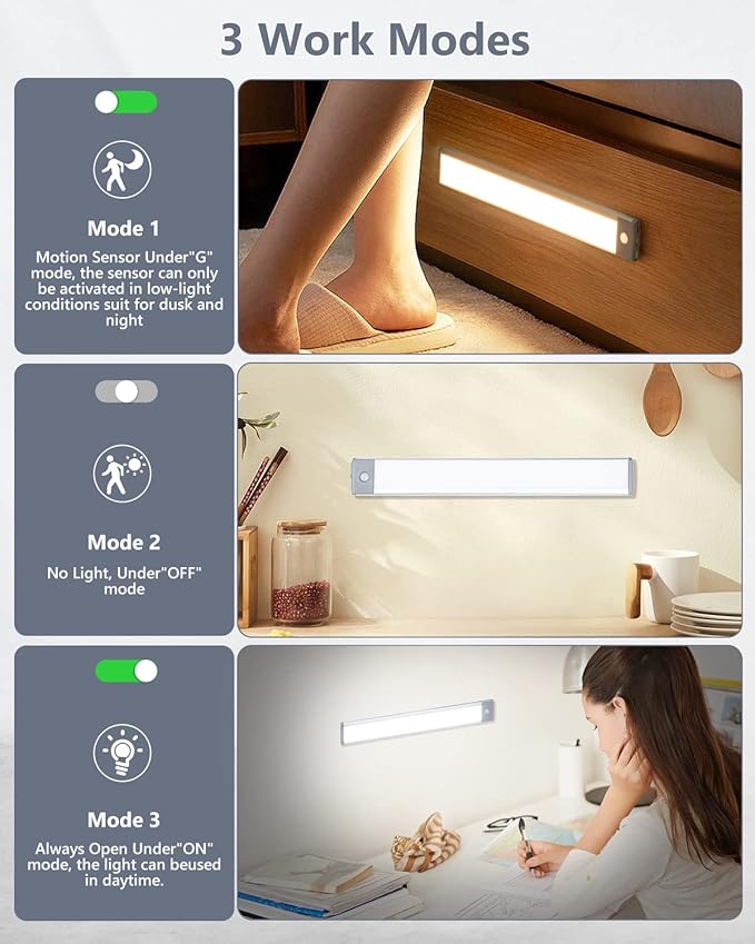 PRIORARE Motion Sensor Under Cabinet Lighting 3 Color Temperatures, 60-LED - Image 5