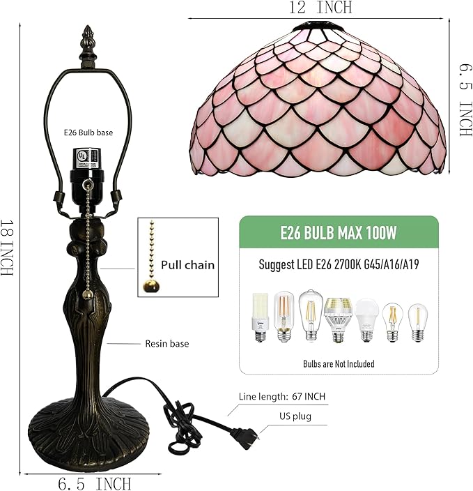 Tiffany Lamp Stained Glass Table Lamp 12” x 19” Pink Fish Scales Style - Image 9
