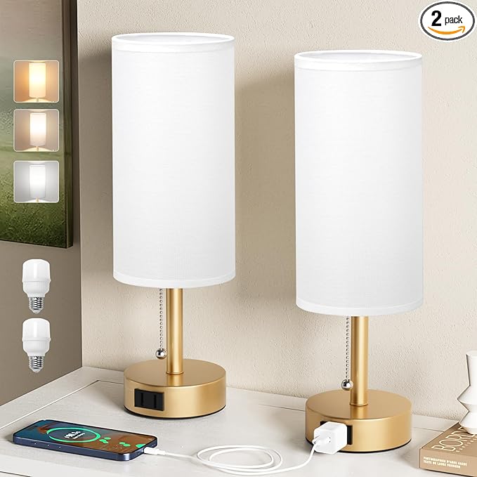 Fenmzee Gold Bedside Table Lamps Set of 2-3 Color Temperatures Pull Chain Lamp by Fenmzeelighting