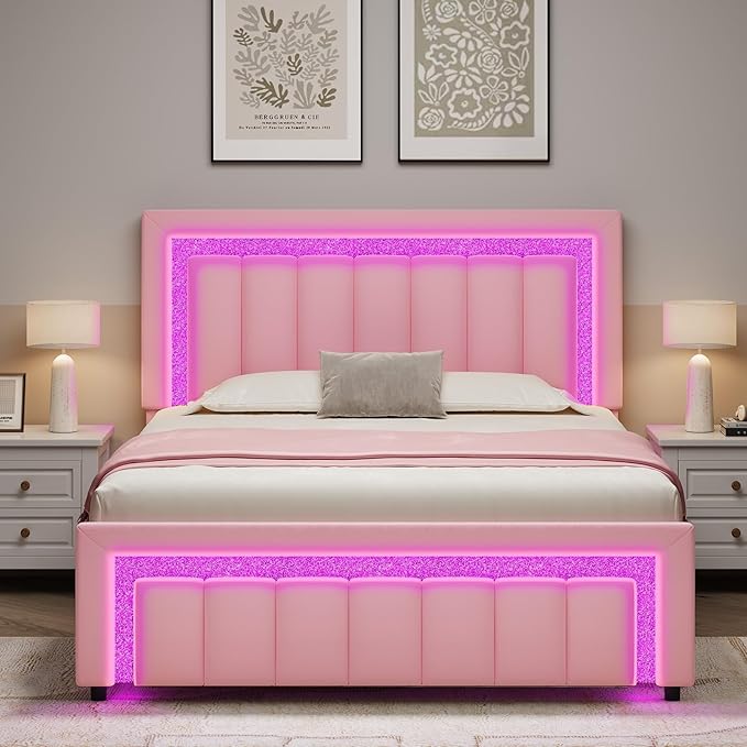 HOMBCK Queen Bed Frame with Velvet Upholstered Headboard and LED Lights - Image 4