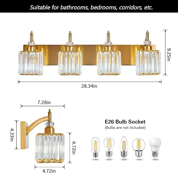 Modern Bathroom Vanity Light 4-Light Gold Crystal Light Fixtures Over Mirror - Image 4