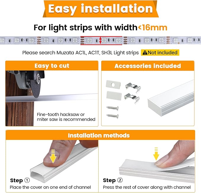 Muzata 10Pack 6.6FT/2M Wider LED Channel Silver Aluminum LED Strips Diffuser - Image 5