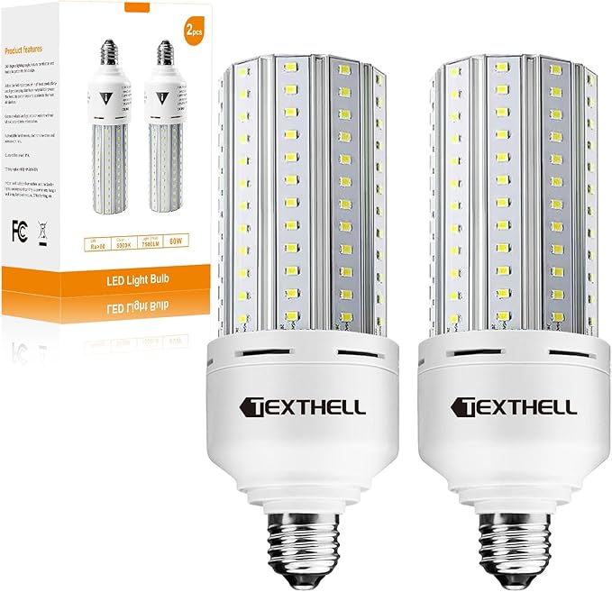 60w Led Light Bulb 500w Equivalent 7500lm 2Pack，5000K Daylight E26 Base，Bright by TEXTHELL