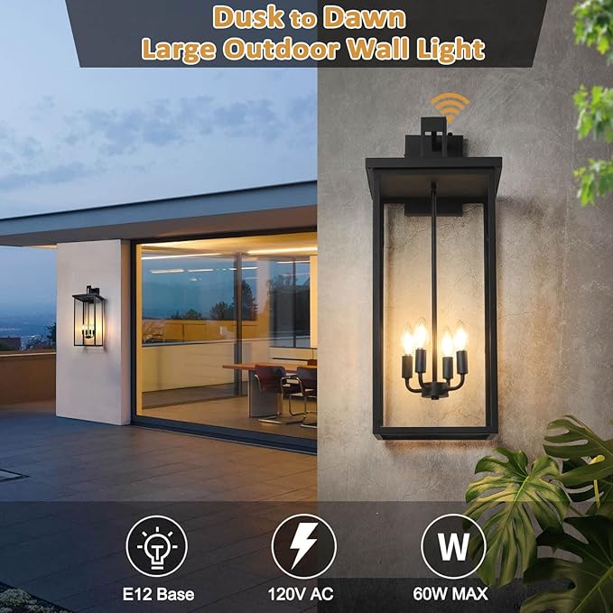 tewei 26in Large Size Dusk to Dawn Outdoor Wall Lights, Matte Black Exterior - Image 2
