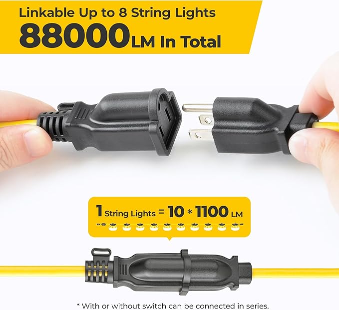 3 Prong LED String Lights with Switch: 100FT Linkable ETL Certified Bright Work - Image 6