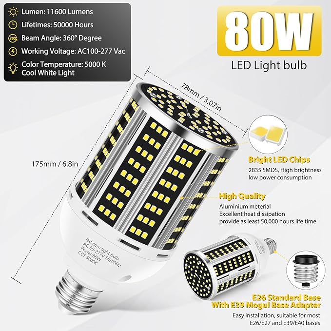 80W 2 pack LED Corn Light Bulb, Commercial Grade DayLight 5000K E26/E39 10500LM - Image 3