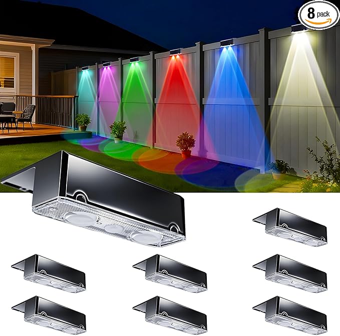 EGOBOO Solar Fence Lights Outdoor, 8 Pack 10 Modes Warm White & RGB Color by EGOBOO