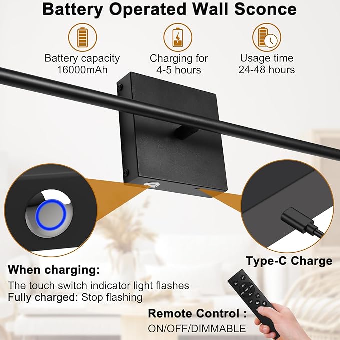 Battery Operated Wall Sconces Set of Two, Dimmable Wall Sconce - Image 4