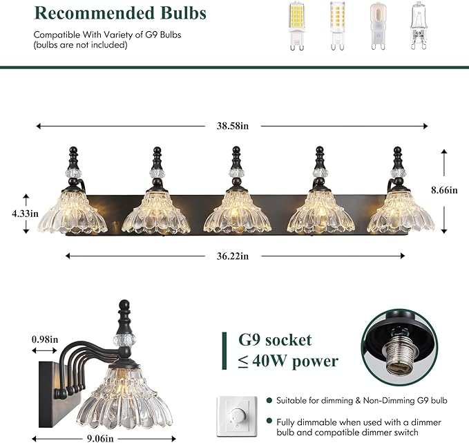 Vintage Bathroom Vanity Light, 5-Light Black Vanity Lighting Fixture - Image 2