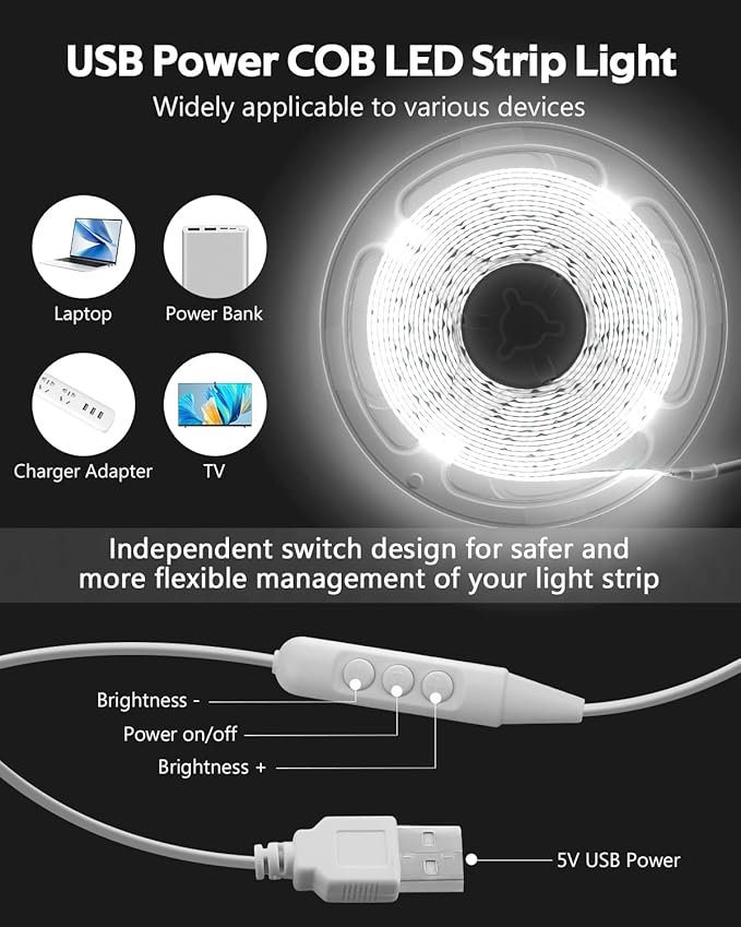 5V USB COB LED Light Strip Dimmable High Density White Light - Image 5