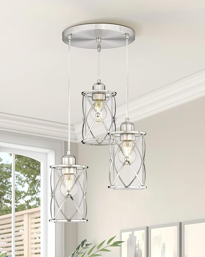 Brushed Nickel Dining Room Chandelier Light Fixture, 3-Light Pendant Lighting - Image 4