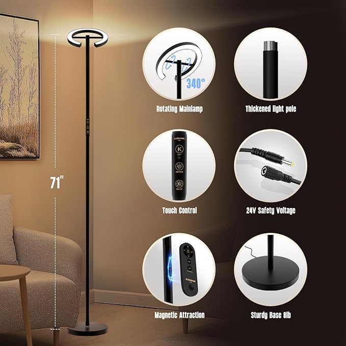 GLOWRIUM-H3B Floor Lamp for Bedroom, 71 Inch Bright LED Modern Corner Lamp - Image 4
