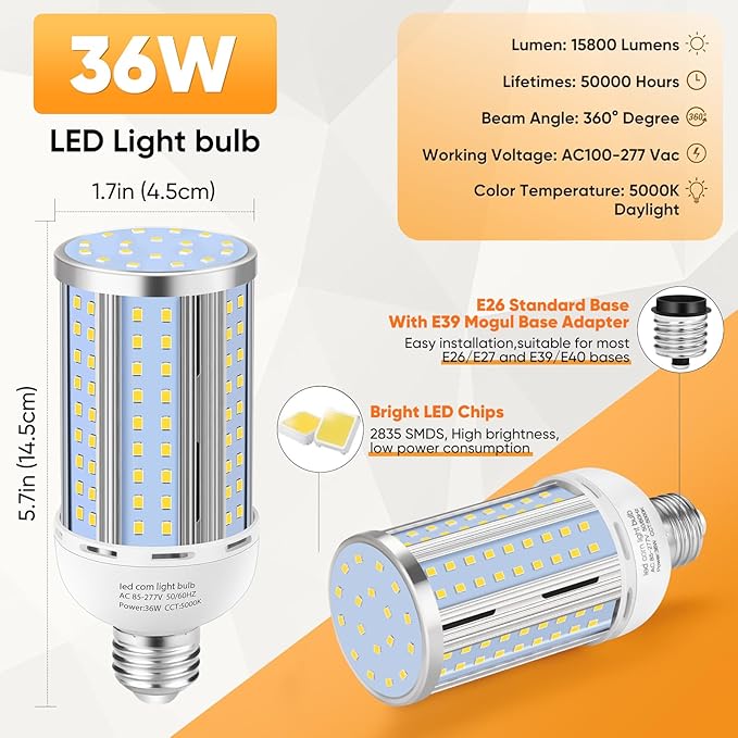 2 Pack 36W Corn LED Light Bulb Fanless, E26/E39 Medium/Large Mogul Base LED Cob - Image 3