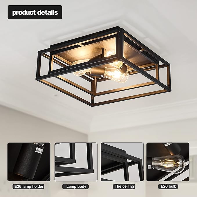 ZGLAOJT Black Flush Mount Ceiling Light Fixture，3-Light Industrial Metal Close - Image 3