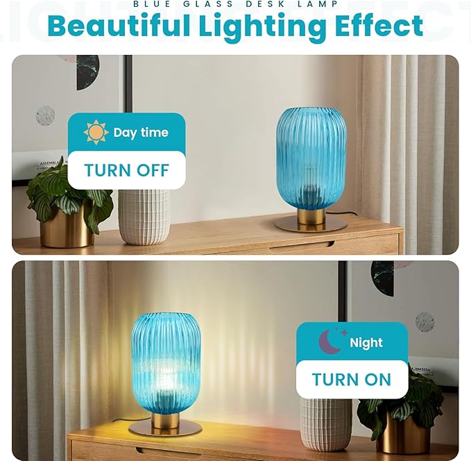 Small Table Lamp for Bedroom, Elegant Ribbed Glass Table Lamp Mid Century - Image 4