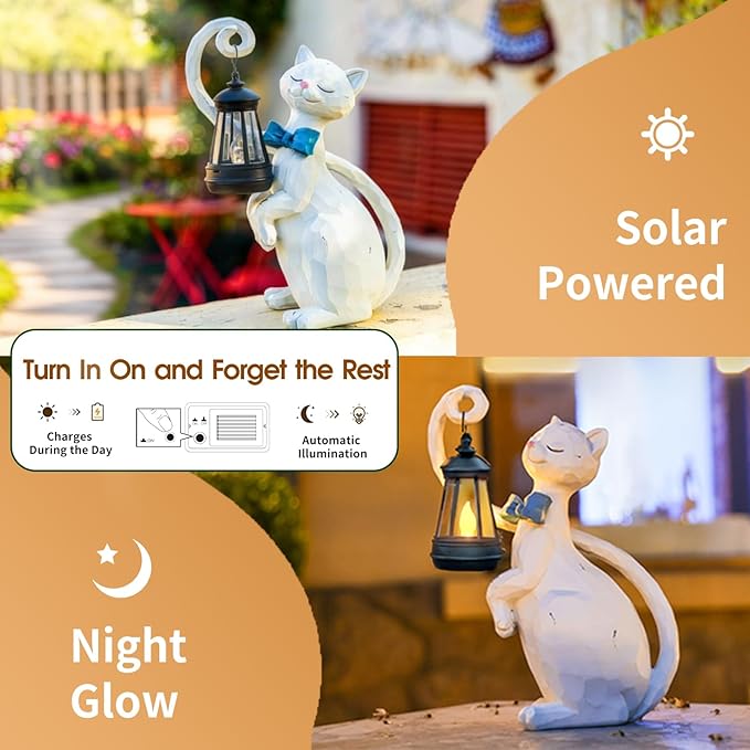WHIMSYNOOK 10.7" White Cat Solar Garden Light Statue – Outdoor Garden & Yard - Image 6