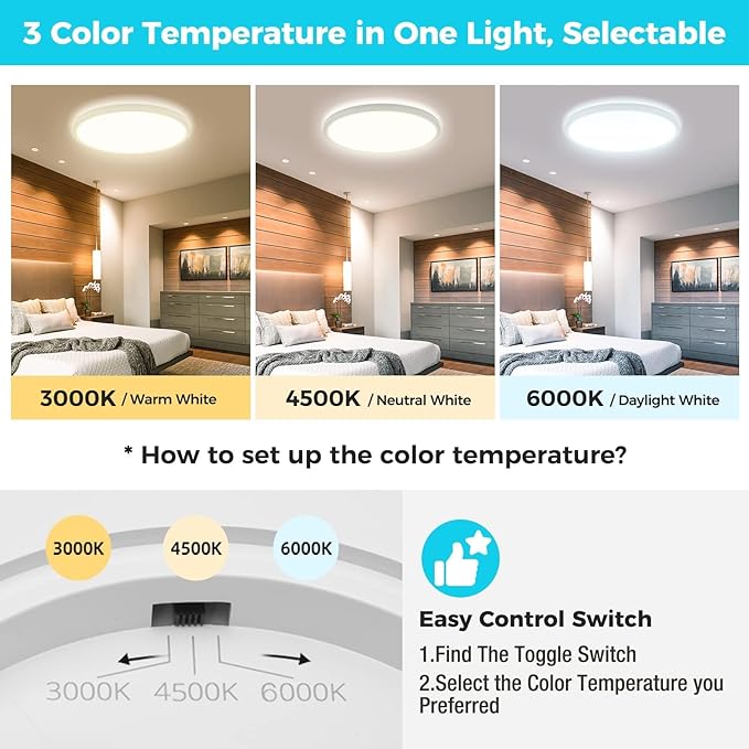 libtit 13 Inch LED Ceiling Light, 3 Color Selectable 3000K/4500K/6000K Thin - Image 3