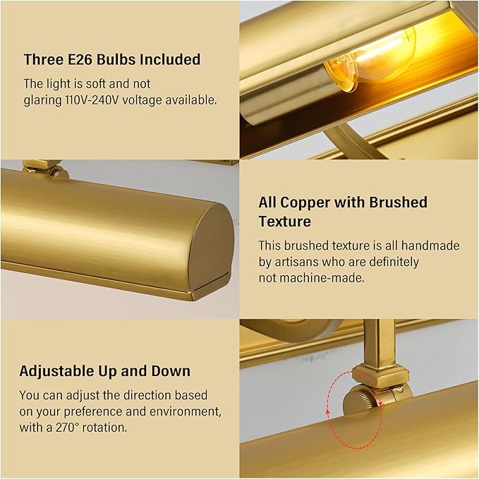 AUDOSY18 Brass Picture Light, 270° Rotatable Gold Wall Sconce Hardwired - Image 6