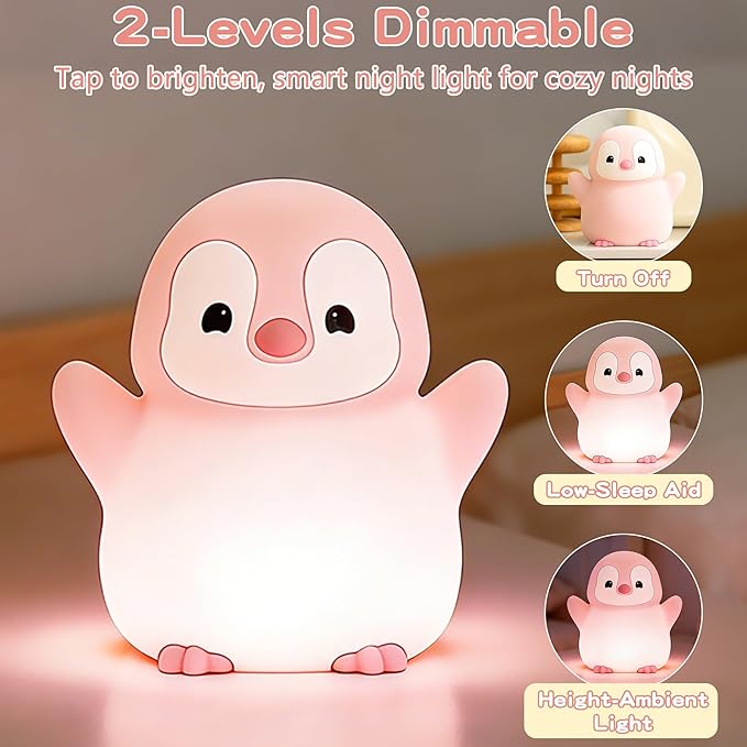 Pink Penguin Night Light, Soft Silicone Nursery Nightlight - Image 2