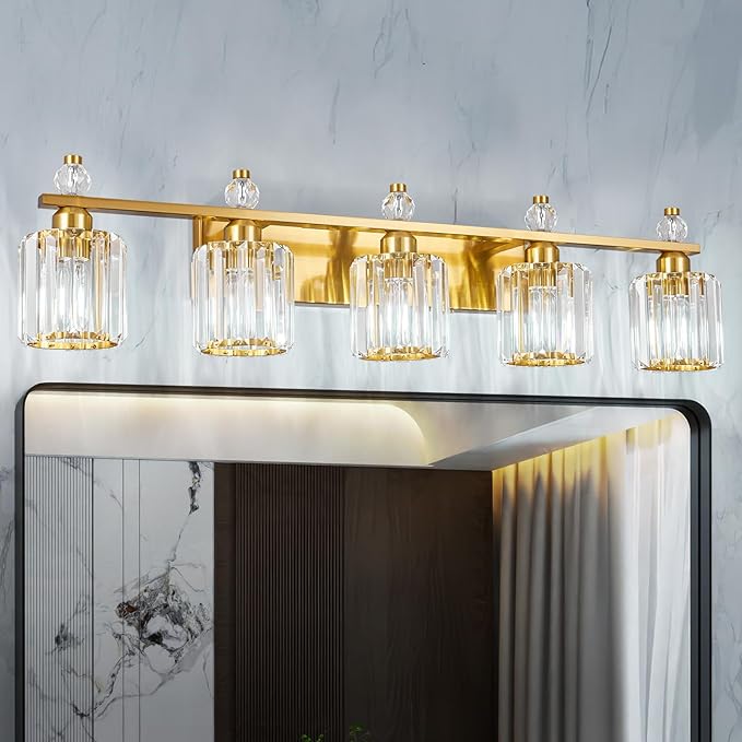 Bathroom Vanity Lights 5-Light Gold Modern Crystal Vanity Light Fixtures Over by FDPBY