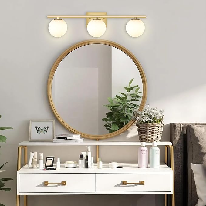 New Bathroom Vanity Light 3 Lights Fixtures Brushed Brass Milk White Globe - Image 8
