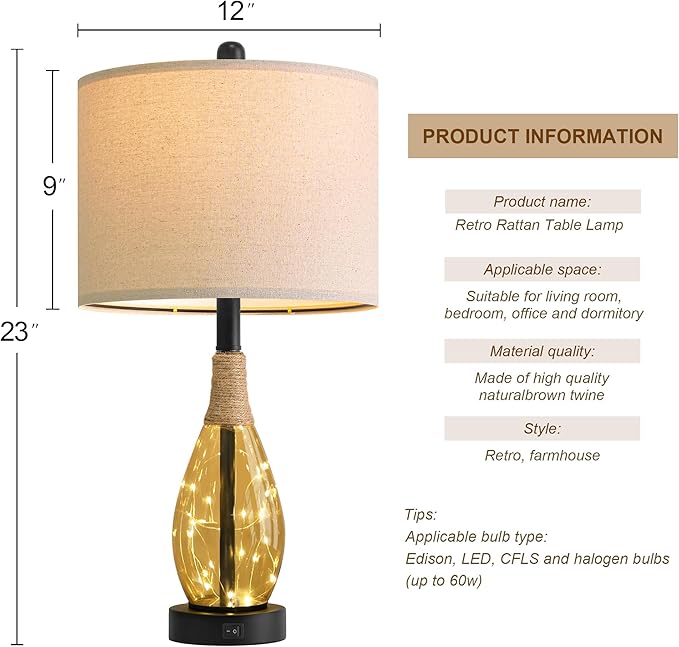 OYEARS 23" Table Lamps for Living Room Set of 2 Bedside Lamps for Night Stands - Image 6