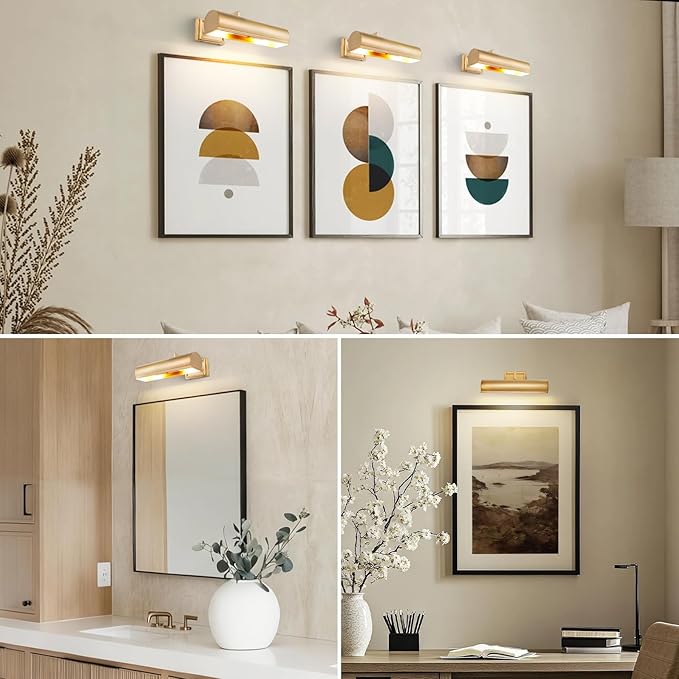 12in Brass Picture Light, 270° Rotatable Gold Wall Sconce Hardwired, 2-Light - Image 2