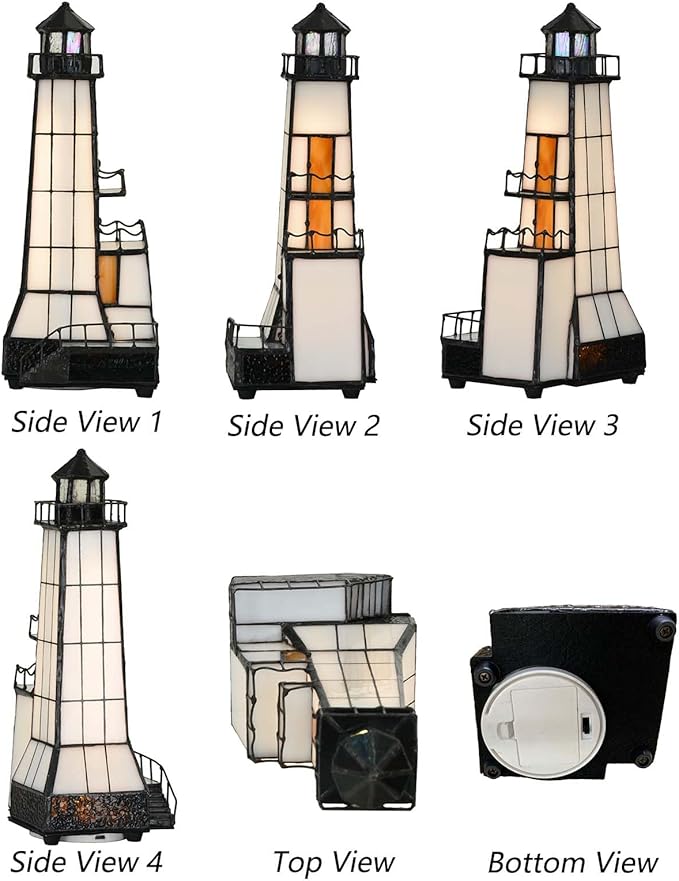 Bieye L10779 Lighthouse Tiffany Style Stained Glass Accent Table Lamp Night - Image 3