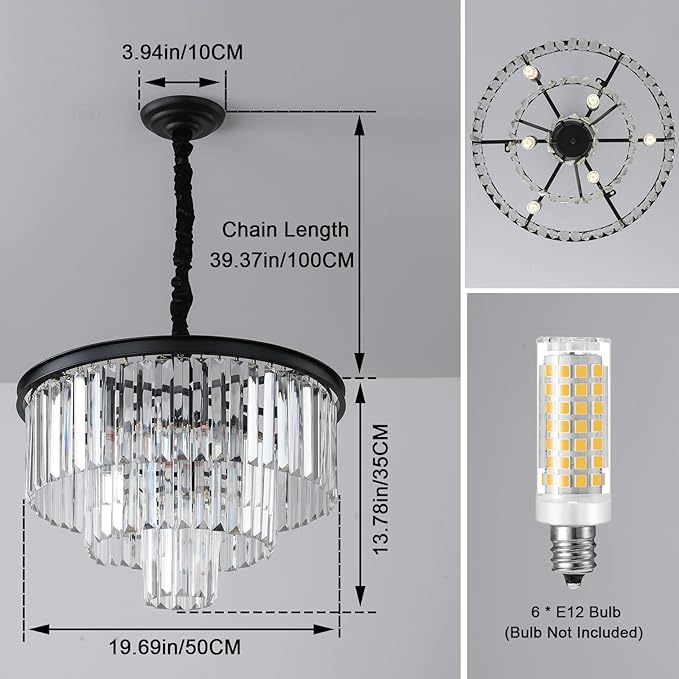 Black Modern Crystal Chandelier, 3-Tier Round Flush Mount Ceiling Light - Image 5