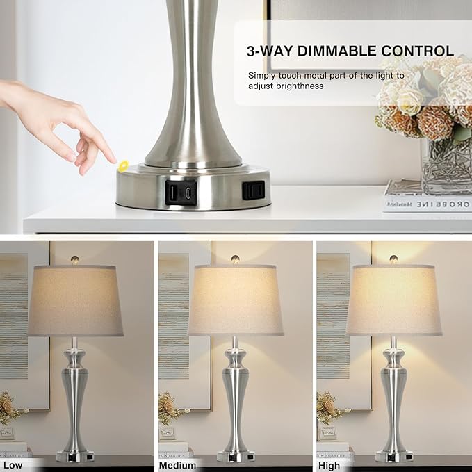 30" Silver Table Lamps Set of 2, 3-Way Dimmable Touch Living Room Lamp - Image 3