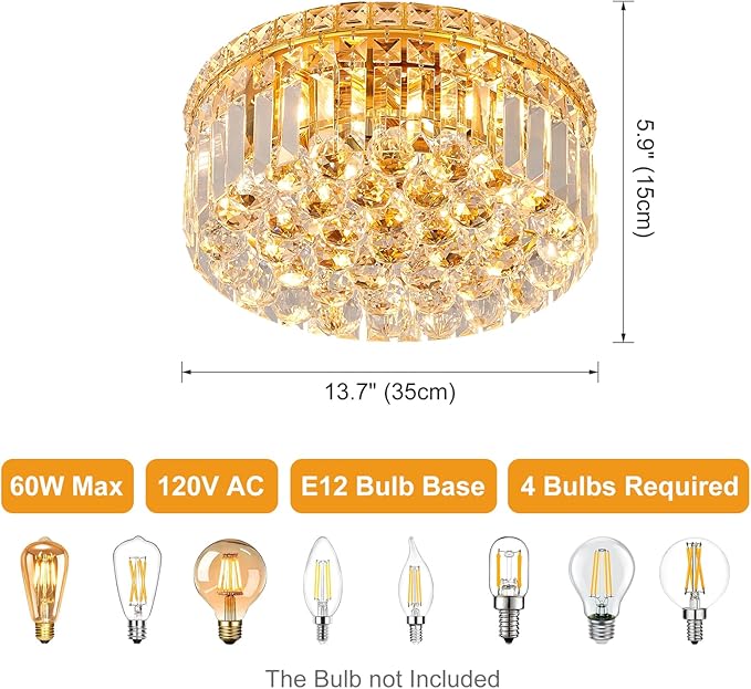 4-Light Gold Crystal Chandeliers Flush Mount Chandelier Light Fixture - Image 3